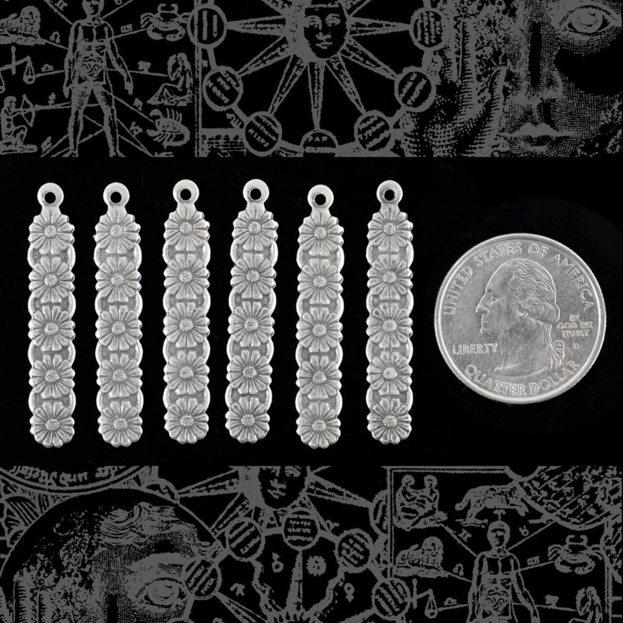Antiqued Silver Plated Brass Multi Floral Drop Charms Pendants - Set of Six - S-C116